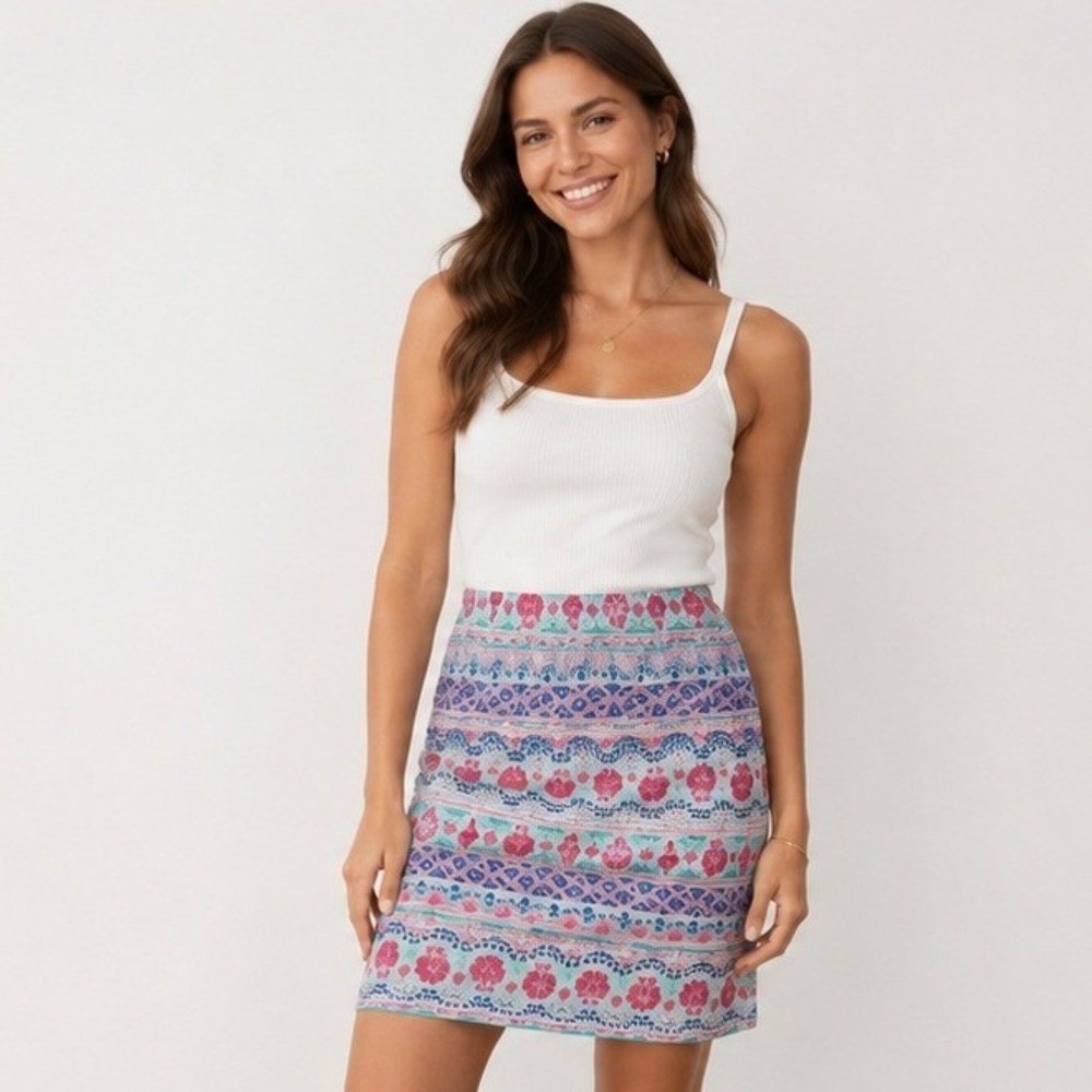 Talbots Petite Pink Turquoise Seashell Mosaic Print Cotton Mini Skirt‎ LP beachy